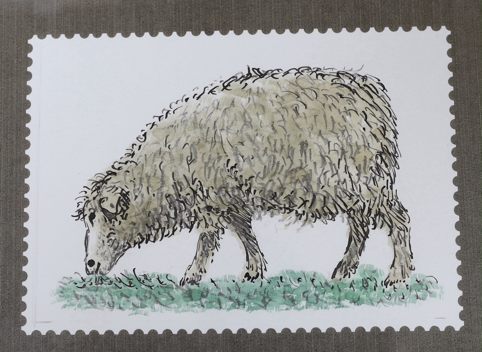 David Gentleman (b.1930), ink, pencil and watercolour, Design for a postage stamp - sheep, 12 x 16.5cm, with a letter from the artist regarding the work verso